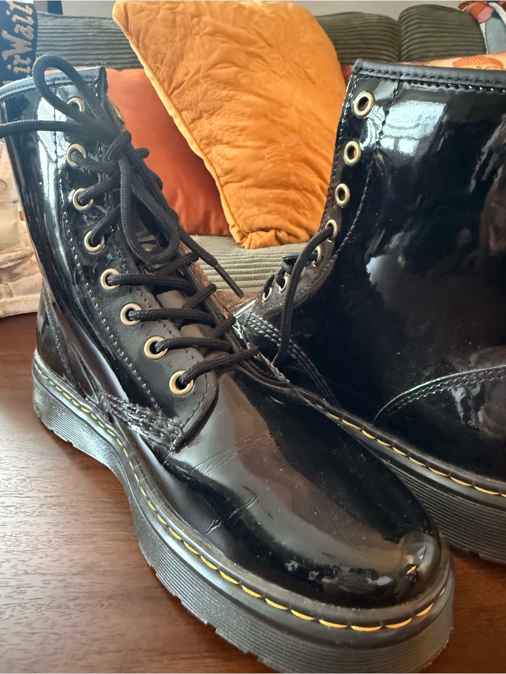 Dr. Martens Black Patent Lace-Up Combat Boots with Yellow Stitching